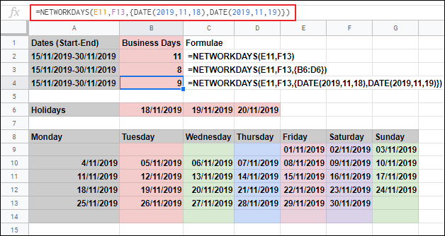 A função NETWORKDAYS no Planilhas Google, calculando os dias úteis entre duas datas e ignorando sábado e domingo, com dias de feriados adicionais excluídos