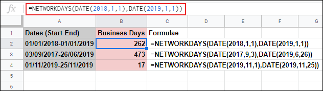 A função NETWORKDAYS no Planilhas Google, calculando os dias úteis entre duas datas e ignorando sábado e domingo usando uma fórmula DATE aninhada
