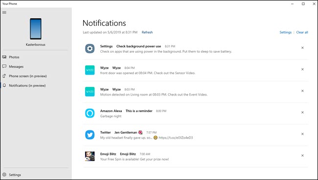 Seu aplicativo Phone PC mostrando várias notificações de Wyze, Alexa, configurações do Android e Twitter.