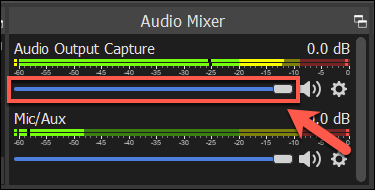 A barra de volume para uma fonte de captura de áudio OBS