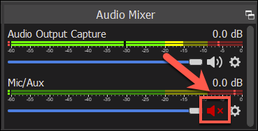 Pressione o ícone mudo / alto-falante para silenciar seu microfone no OBS