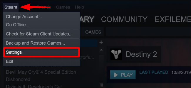 Clique em “Steam” e selecione “Configurações”.