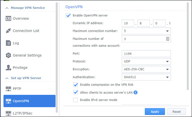 Configurações de OpenVPN em um Synology NAS