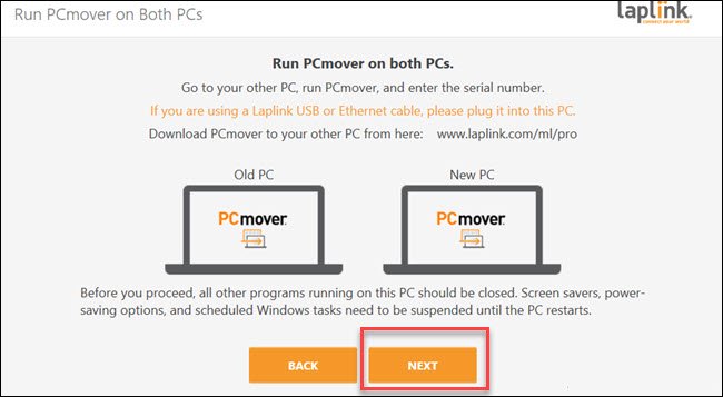 PCMover com uma caixa ao redor do botão Avançar.