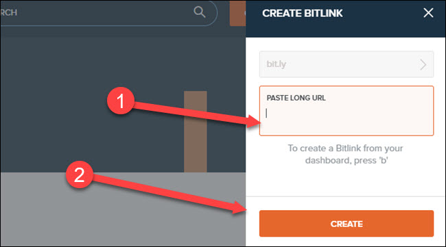 site bit.ly com setas apontando para colar a caixa de url e o botão criar.