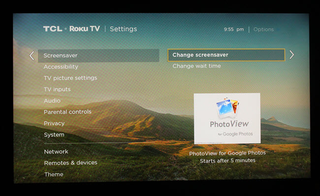 Caixa de diálogo de configurações do protetor de tela Roku, com PhotoView selecionado.