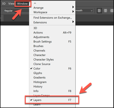 Pressione Window> Layers para mostrar o painel Layers no Photoshop