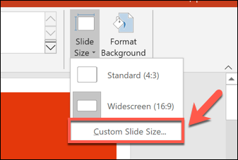 Para definir um tamanho de slide personalizado do PowerPoint, pressione Design> Tamanho do slide> Tamanho do slide personalizado.