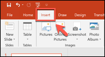 Clique na guia Inserir no PowerPoint