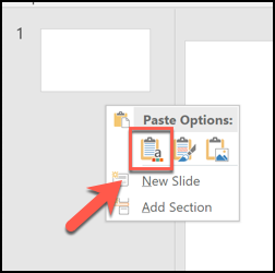 Pressione a opção de colar "Usar tema de destino" para colar slides e aplicar a formatação do arquivo PowerPoint aberto a eles