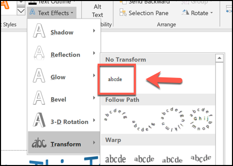 Você pode remover um efeito de texto curvo clicando em Formatar> Efeitos de texto> Transformar e clicando na opção Sem transformação