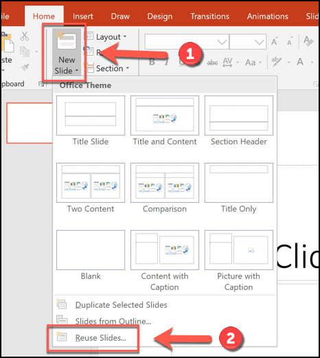 Clique em Início> Novo slide> Reutilizar slides no PowerPoint para começar a mesclar os arquivos