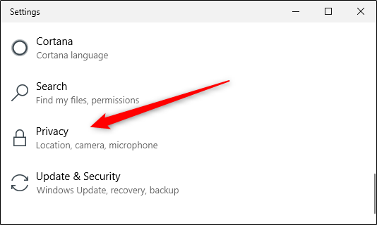 Opção de privacidade nas configurações do Windows