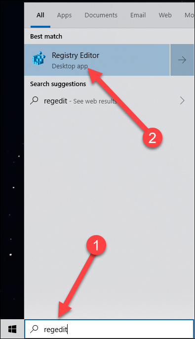 Pesquisa no menu Iniciar com setas apontando para o resultado da pesquisa do regedit e do editor de registro.