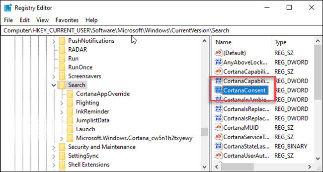 Editor de registro com caixa em torno do CortanaConsent DWORD.