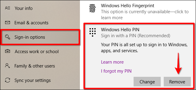 Remova o PIN do Windows Hello