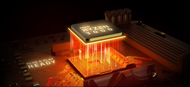 CPU Ryzen 3000 com luz laranja entrando no soquete da placa-mãe.