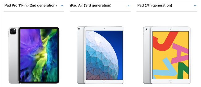 Um iPad, iPad Air e iPad Pro de 11 polegadas, comparação lado a lado.