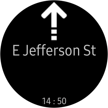 Uma direção "Awesome Navigator" para ir direto para "E Jefferson St" em uma tela de smartwatch Samsung.