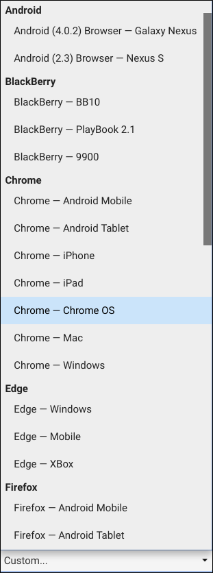 A lista de seleção de todos os agentes de usuário pré-configurados no Chrome.