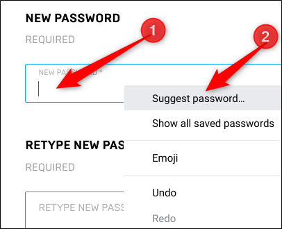 Clique com o botão direito do mouse no campo de senha e clique em “Sugerir senha”.
