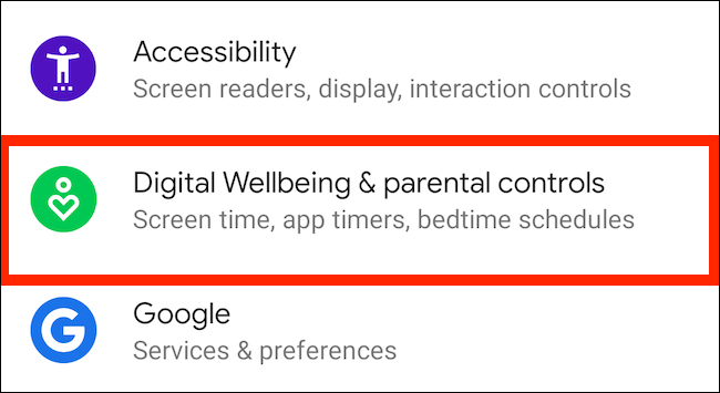 Toque em "Bem-estar digital e controles dos pais" nas configurações.