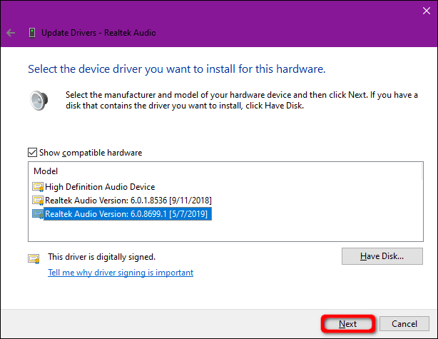 Windows 10 Selecione o driver da lista