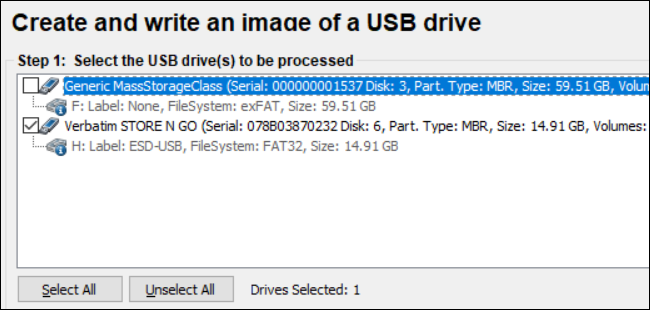 Selecione a unidade USB para criar a imagem