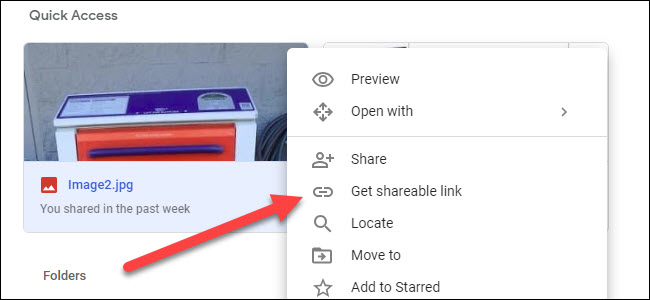 Submenu do Google Drive mostrando a opção obter link compartilhável.