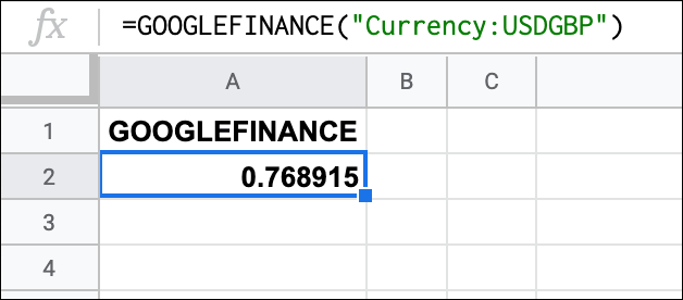 A função GOOGLEFINANCE no Planilhas Google, fornecendo uma taxa de câmbio de USD para GBP