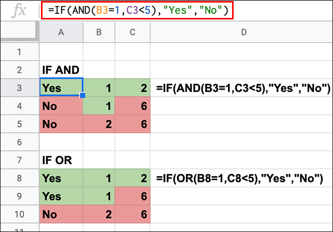 Uma planilha do Planilhas Google mostrando instruções IF com funções AND e OR aninhadas