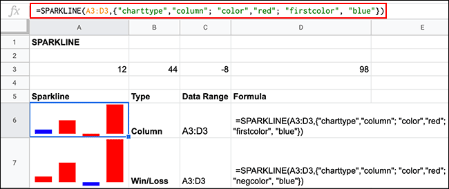 Várias opções de formatação de cores para fórmulas SPARKLINE no Planilhas Google