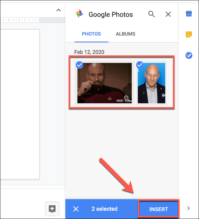 Selecione suas imagens usando o menu do Google Fotos e clique no botão Inserir para inseri-las no Apresentações Google