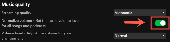 Para desativar a normalização de áudio, pressione o controle deslizante ao lado da configuração "Normalizar volume".