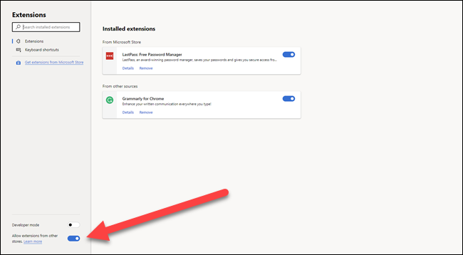 Página de configuração de extensões com a seta apontando para alternar 'permitir extensões de outras lojas'.