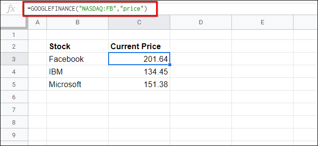 Exemplo único do Google FInance Sheets