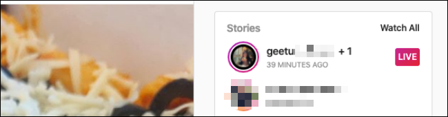 A seção Histórias no Instagram em um navegador de desktop.