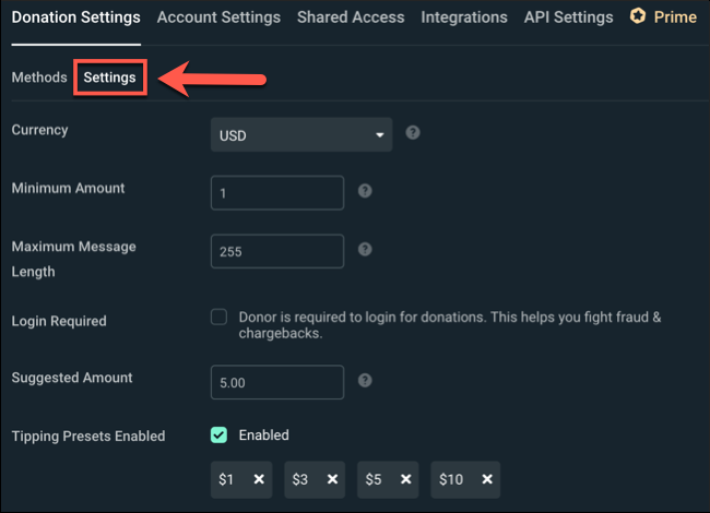 Para alterar ainda mais as configurações do método de doação do Streamlabs, clique nas guias Métodos de Doação> Configurações.