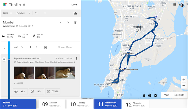 Dê uma olhada nos dados do seu histórico de localização de um determinado dia na visualização da linha do tempo do Google Maps