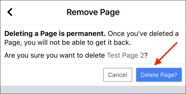 Toque no botão Excluir página para excluir sua página do Facebook