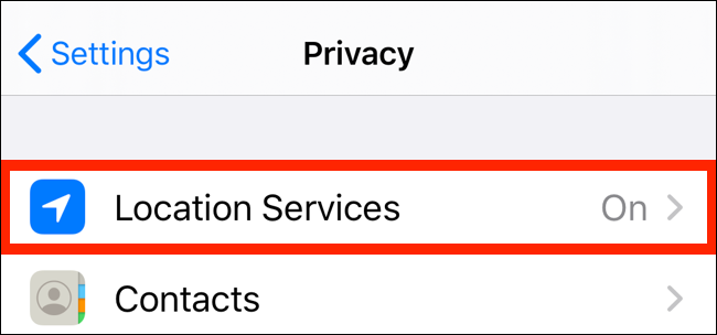 Toque em Serviços de localização no aplicativo Privacidade