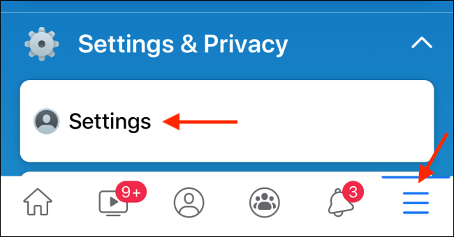 Toque no botão Configurações no menu do aplicativo do Facebook