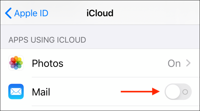 Toque em alternar ao lado de Mail no iCloud