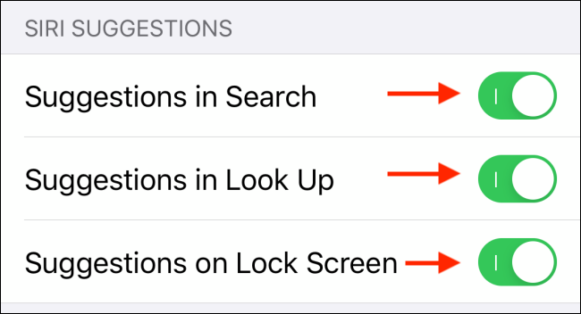 Toque em alternar para desativar as sugestões do Siri
