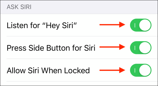 Toque em alternar para desativar o Siri