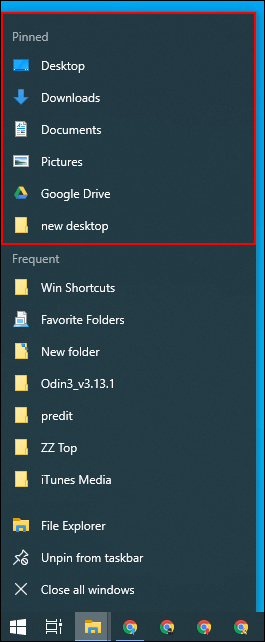 Uma lista de atalhos da barra de tarefas no Windows File Explorer.