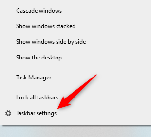 Opção de configurações da barra de tarefas no menu da barra de tarefas