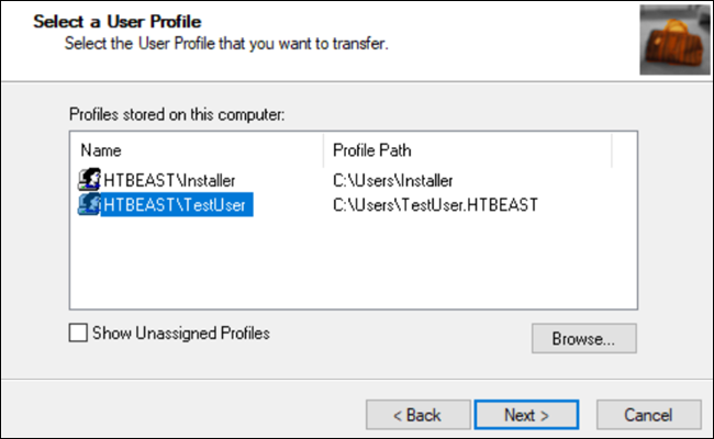 Caixa de diálogo de seleção de perfil Transwiz, com o perfil TestUser selecionado.
