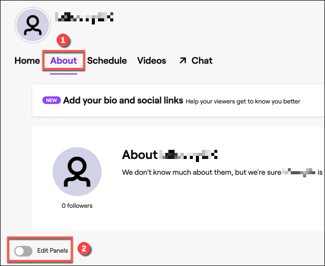 Na página do canal do Twitch, clique na opção "Sobre".  Na parte inferior, certifique-se de que o controle deslizante "Editar painéis" esteja ativado.