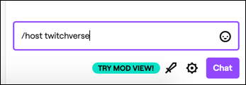 O comando do host do Twitch, mostrado no bate-papo do Twitch no site do Twitch.